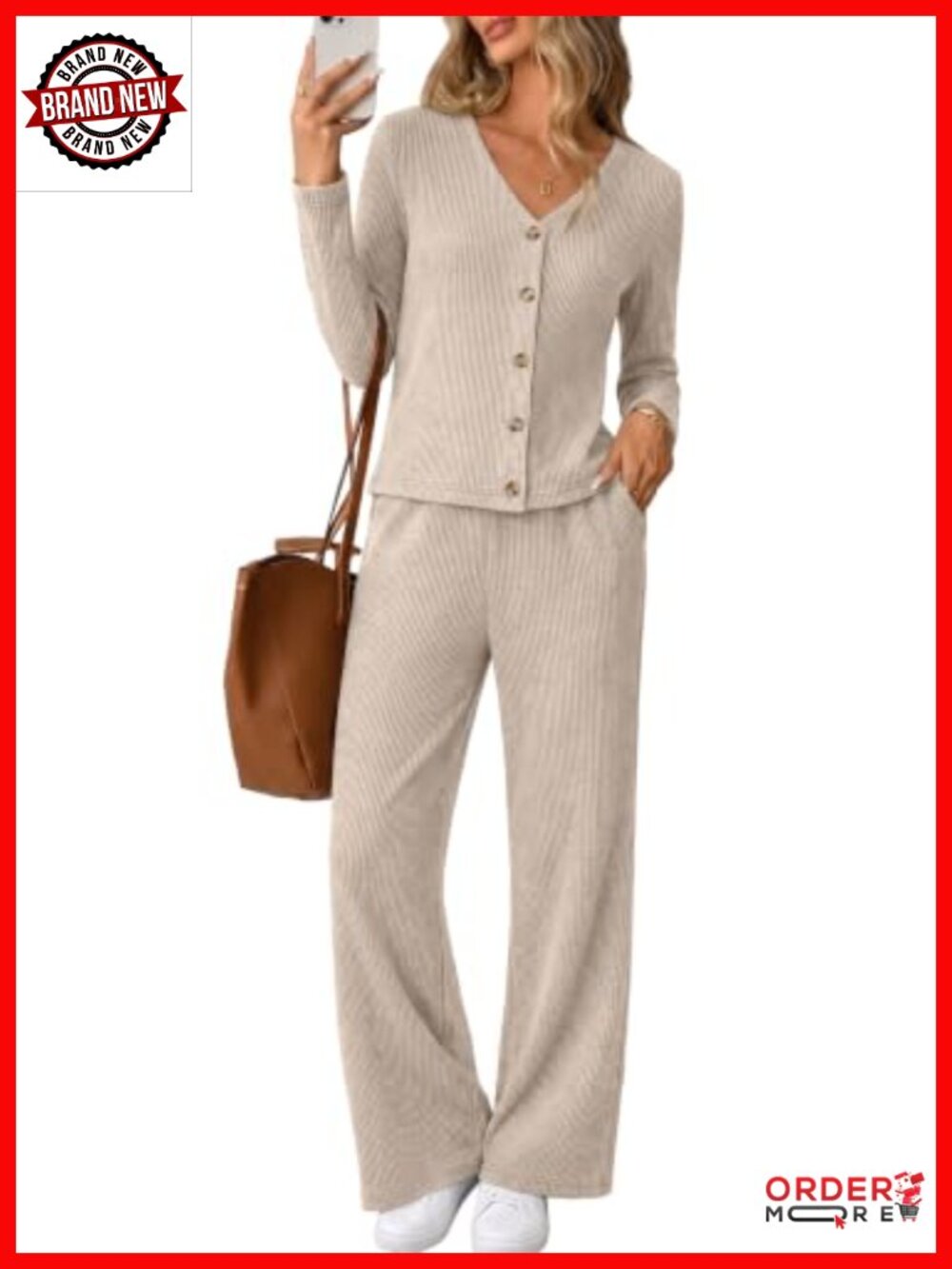 Ribbed Knit 2 Piece Button Front Cardigan & Flare Pants Loungewear Set
